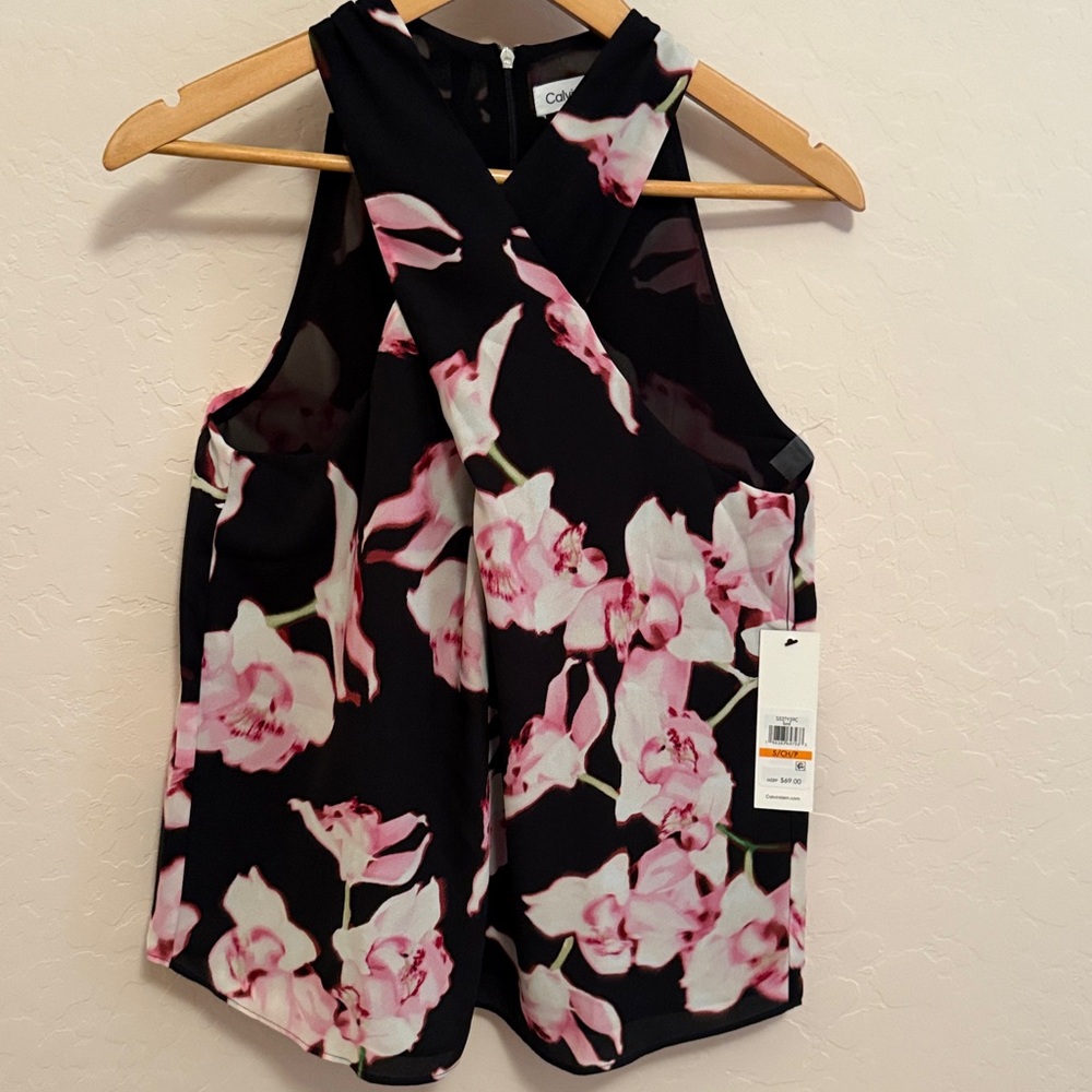 NWT Calvin Klein Black and Pink Floral Halter Top